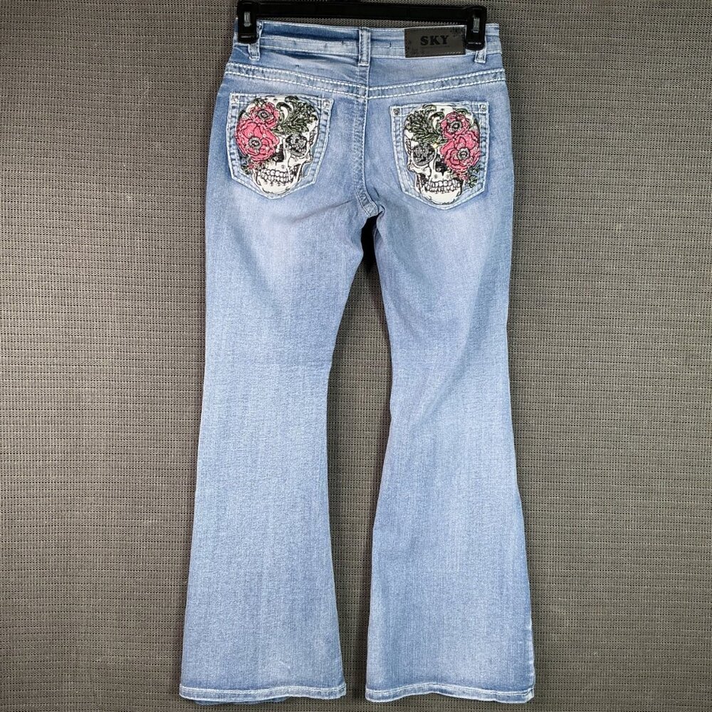 Sky Womens Size 7/8 Low Rise Flare Jeans Embroidered Skull & Floral Back Pockets